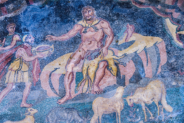 Odysseus offers the (three-eyed!) Cyclops wine. Mosaic, Piazza Armerina
