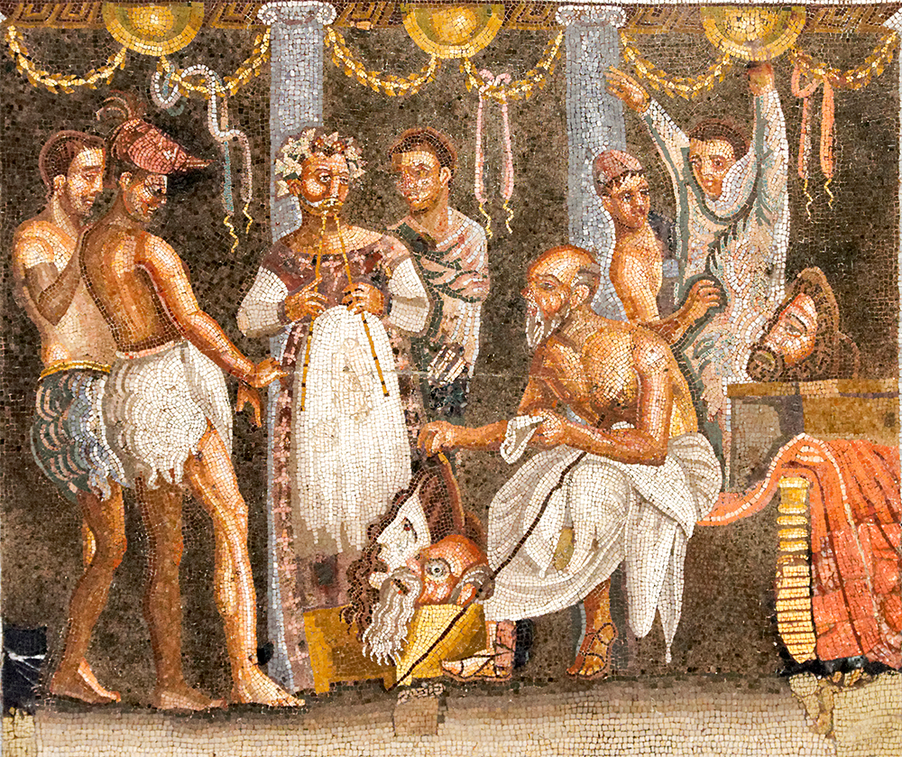 A theater troupe prepares to perform. Mosaic, House of the Tragic Poet, Pompeii (MANN)