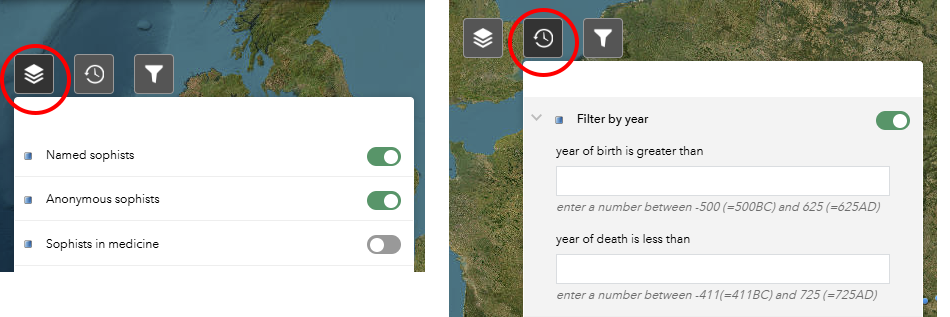 Sophist interactive map, filters