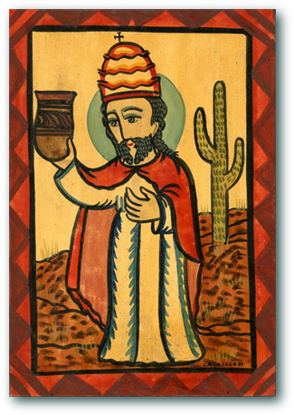 St Damasus, Patron of Archaeologists in Sonoran Desert. Retablo by Charles M Carrillo
